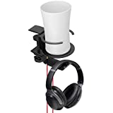 Headset Headphone Hook Holder Hanger Mount & Cup Holders, Headphones Stand with Adjustable & Rotating Arm Clamp, Under Desk Design, Universal Fit, Built-in Cable Clip